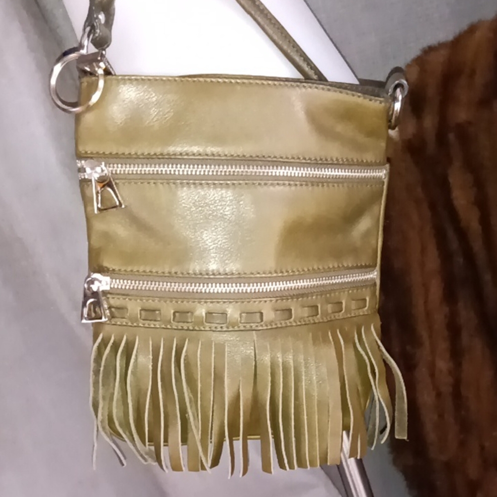B MAKOWSKY  Lamb Skin Stylish Army Green Fringe Crossbody Bag